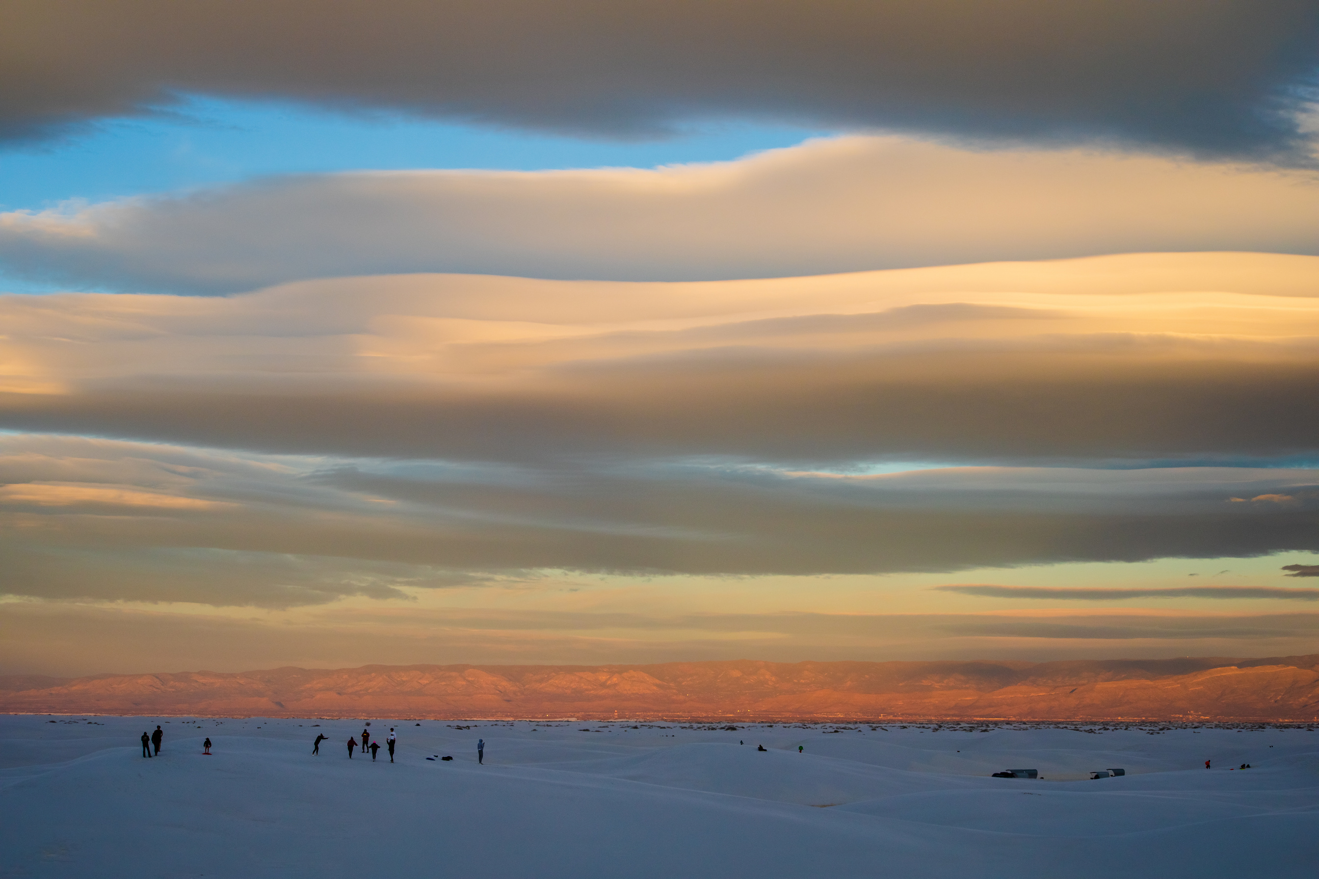 dramatic sunset in White Sands national park in New Mexico.