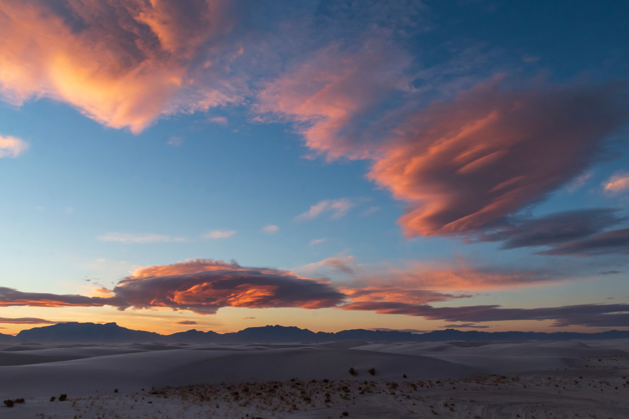 dramatic sunset sky in the sand dunes in White Sands national park