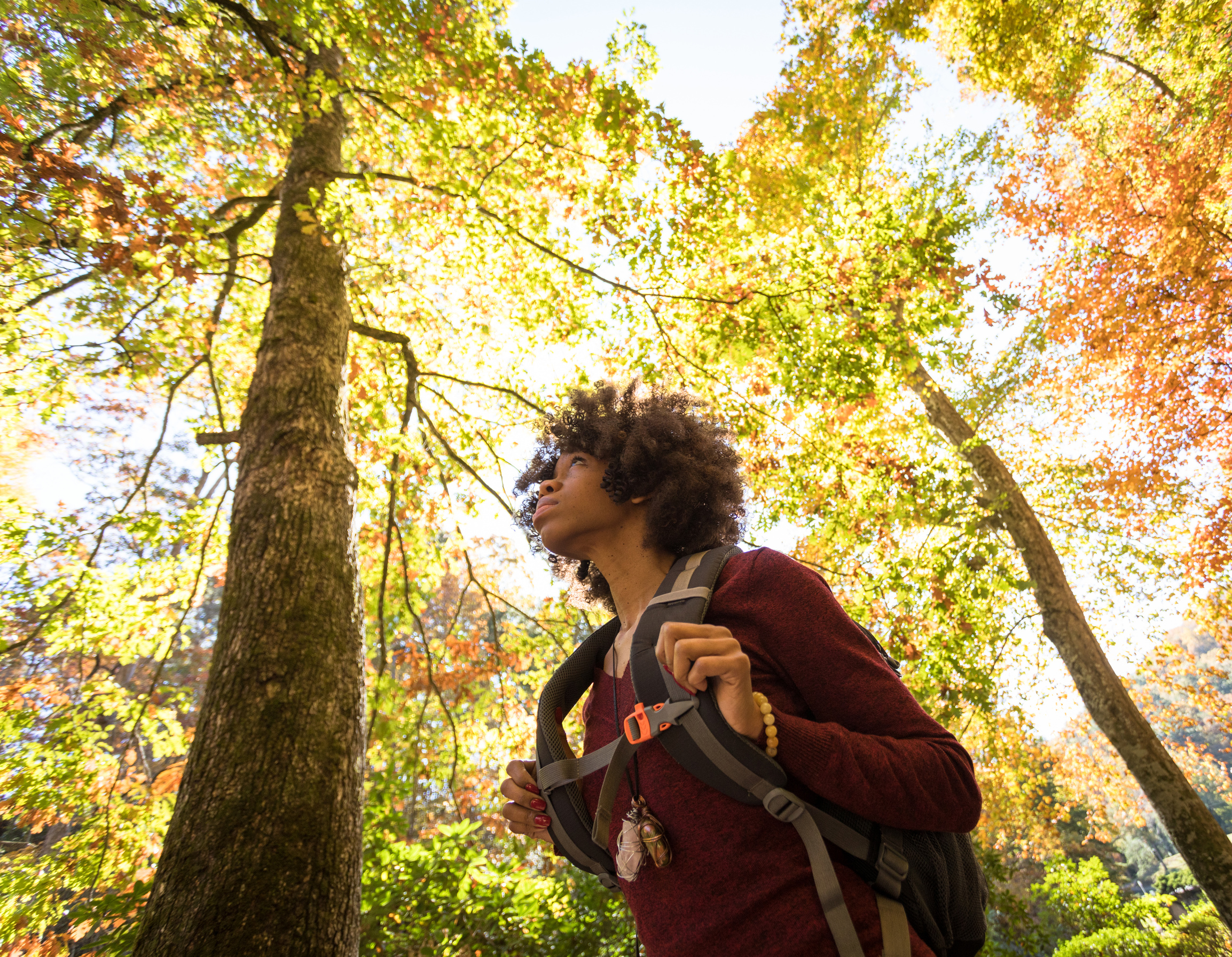 black female hiker surrounded by fall foliage